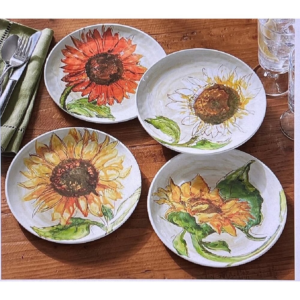 Pottery Barn Sunflower Melamine Salad Plates Mixed Set of 4 Large 9"